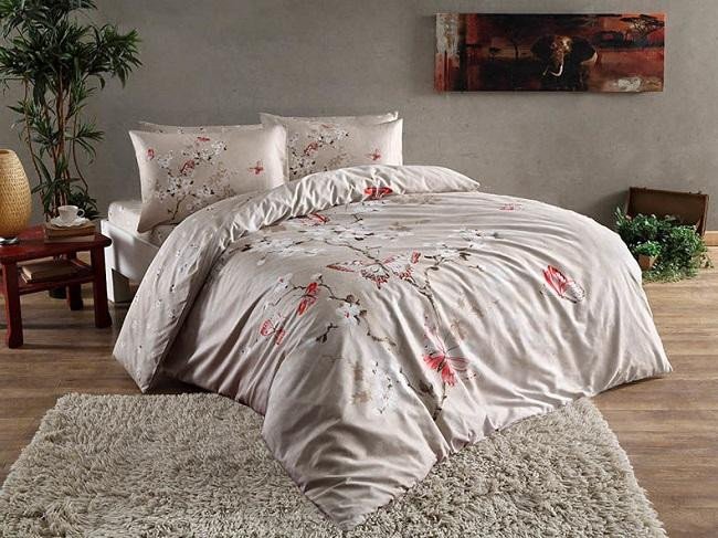 Постельное белье с простыней на резинке из сатина TAC HAPPY DAY FIONA бежевое 1,5-спальное