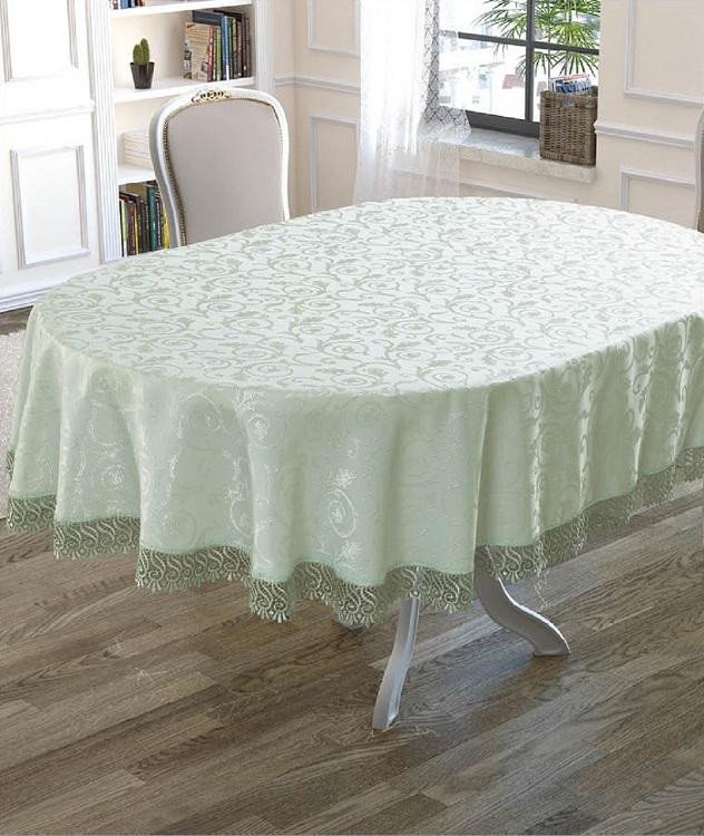 Скатерть жаккардовая с гипюром овальная KARNA KDK ментол 160x220