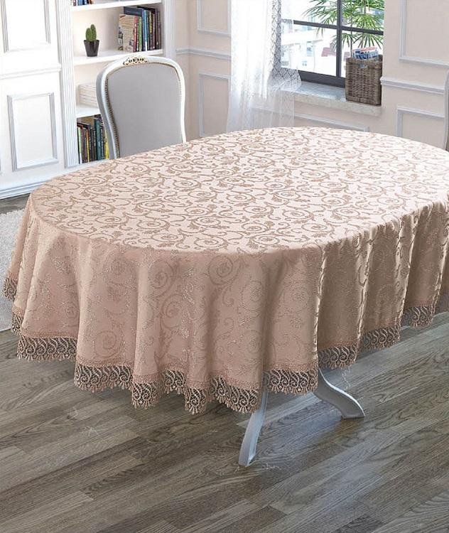 Скатерть жаккардовая с гипюром овальная KARNA KDK пудра 160x220