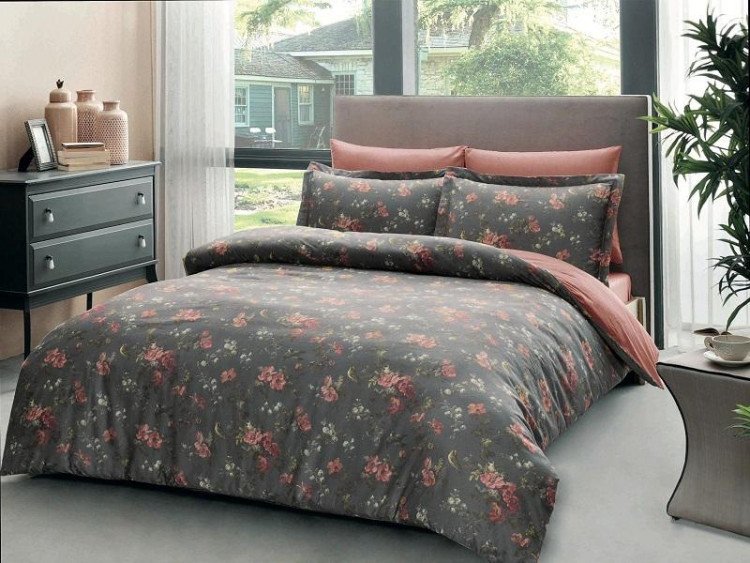 Постельное белье из сатина люкс TAC DELUX PREMIUM DIGITAL ROSA серо-терракотовое евро