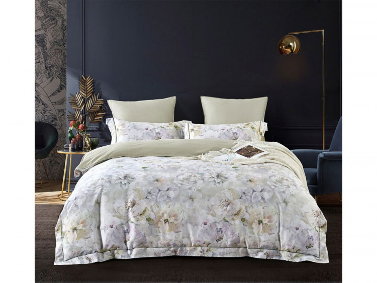 Постельное белье из египетского хлопка Premium с простыней на резинке 180х200 ASABELLA Бутоны пионов 50х70 (2шт) и 70х70 (2шт) евро
