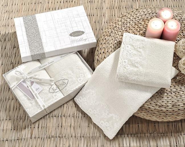 Набор махровых полотенец с гипюром KARNA ELINDA кремовый 50х90 (2шт)