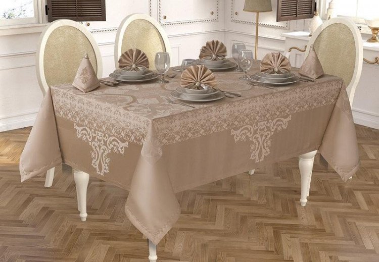 Скатерть жаккардовая с салфетками KARNA VIPCOTON кофейная 160х220