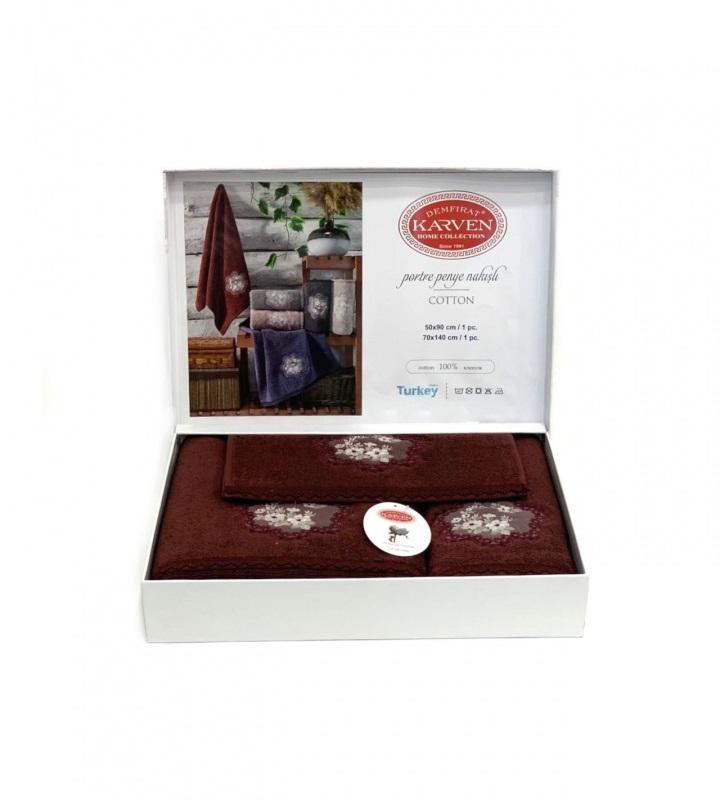 Набор полотенец махровых хлопковых в коробке KARVEN HS1688 PORTRE V6 бордовый 30х50 (1шт), 50х90 (1шт), 70х140 (1шт)