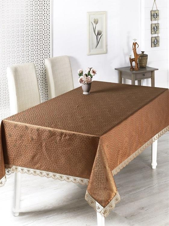 Скатерть жаккардовая с гипюром KARNA NIHAN коричневая 160х220