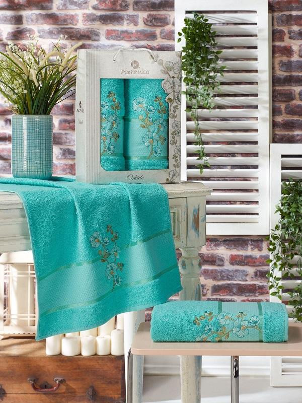 Набор полотенец махровых ORKIDE бирюзовый 50х90, 70х140 в коробке