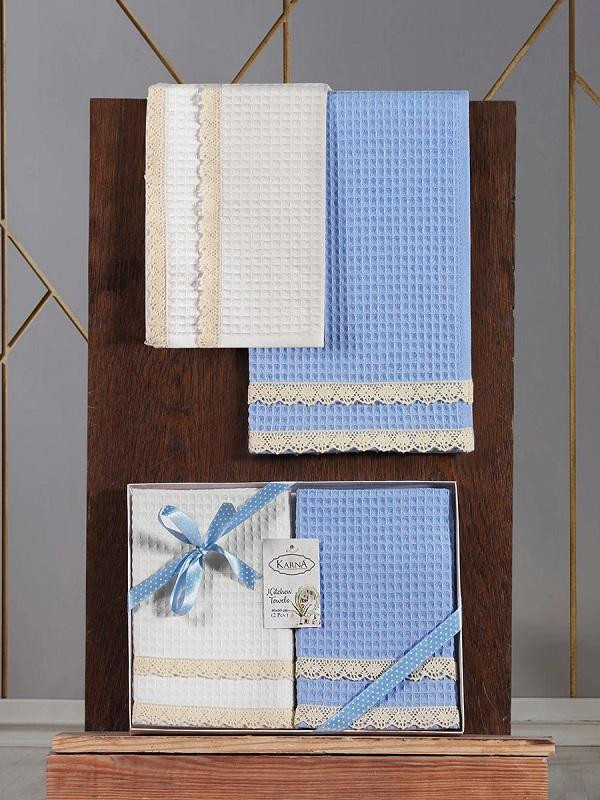 Комплект вафельных хлопковых полотенец с гипюром KARNA KOPENAKI ЦВЕТНОЙ V4 40х60 (2шт)