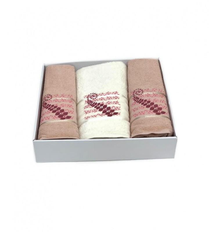 Набор полотенец махровых хлопковых KARVEN HS1623 KIVRIMLI YAPRAK V3 пудра 50х90 (2шт), 70х140 (1шт)
