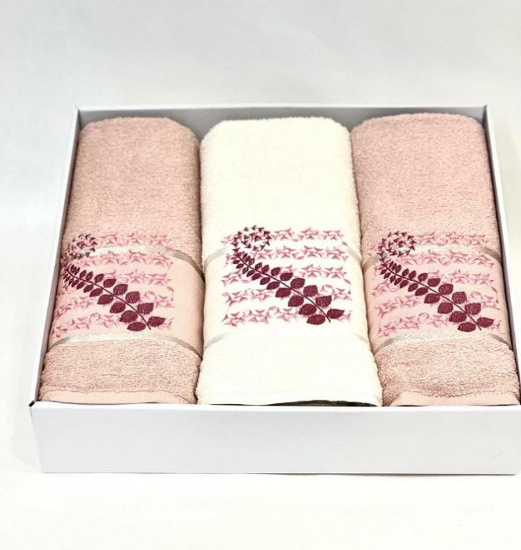 Набор полотенец махровых хлопковых KARVEN HS1623 KIVRIMLI YAPRAK V4 светлая пудра 50х90 (2шт), 70х140 (1шт)