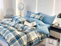 Постельное белье из сатина АЛЬВИТЕК клетка голубое евро