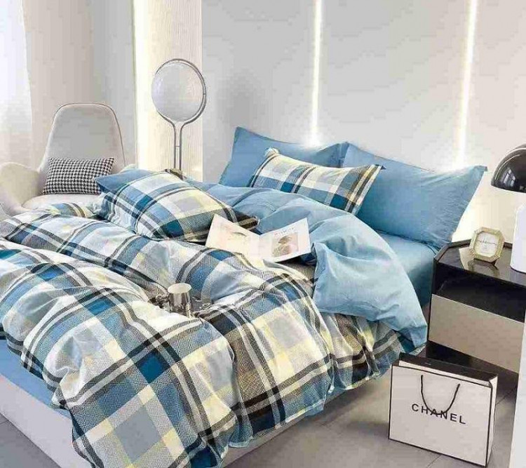 Постельное белье из сатина АЛЬВИТЕК клетка голубое евро