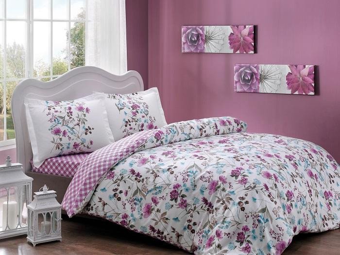 Постельное белье из сатина TAC HAPPY DAY DRINA фуксия-голубое семейное