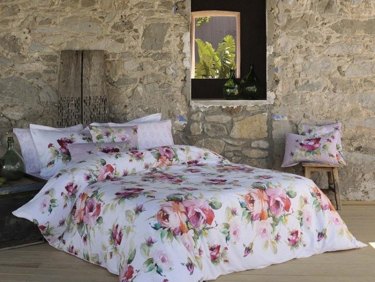 Постельное белье из сатина люкс TAC DELUX PREMIUM DIGITAL LESLIE красно-белое евро