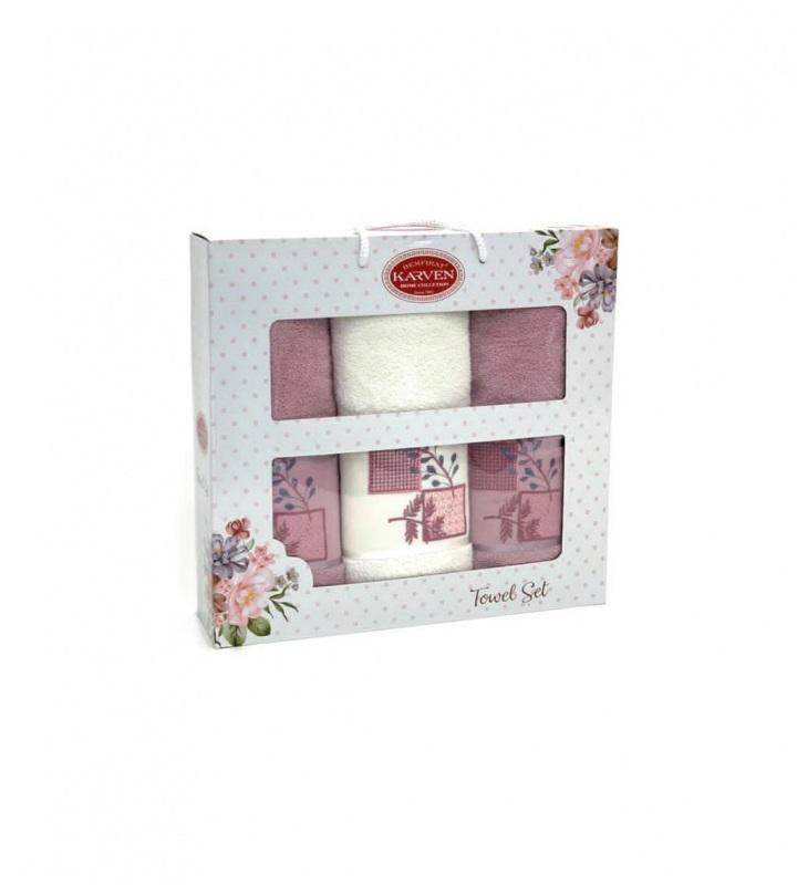 Набор полотенец махровых хлопковых KARVEN HS1635 KARELI CICEK V6 кремовый-сухая роза 50х90 (2шт), 70х140 (1шт)