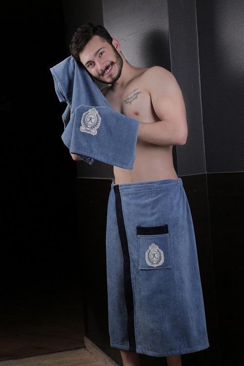 Набор мужской для ванной и сауны велюровый KARNA KORAL синий саксен