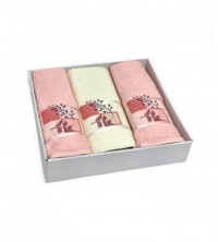 Набор полотенец махровых хлопковых KARVEN HS1635 KARELI CICEK V5 кремовый-светло-розовый 50х90 (2шт), 70х140 (1шт)