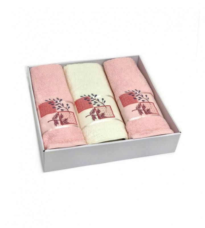 Набор полотенец махровых хлопковых KARVEN HS1635 KARELI CICEK V5 кремовый-светло-розовый 50х90 (2шт), 70х140 (1шт)