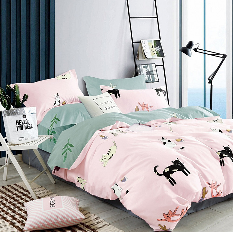 Постельное белье из сатина TANGO кошки 70х70 (2шт) 1,5-спальное