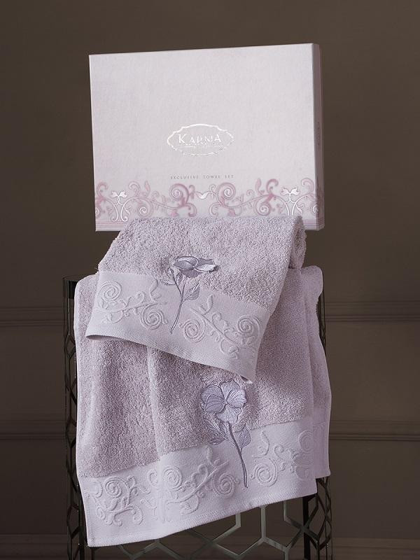 Комплект махровых полотенец с вышивкой KARNA LILYAN светлая лаванда 50х90 (1шт) и 70х140 (1шт)