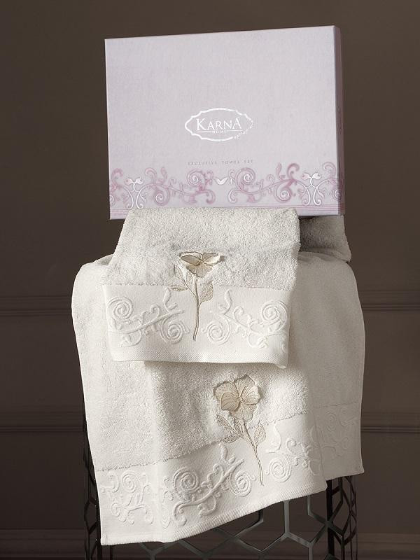 Комплект махровых полотенец с вышивкой KARNA LILYAN кремовый 50х90 (1шт) и 70х140 (1шт)