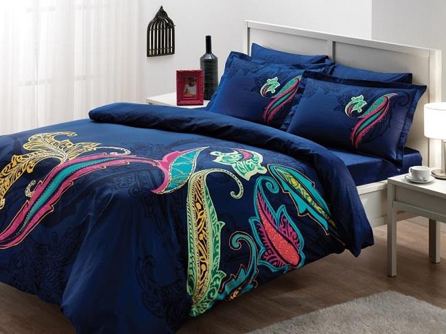 Постельное белье из сатина TAC DELUX ELEGANCE MIKELA синее семейное