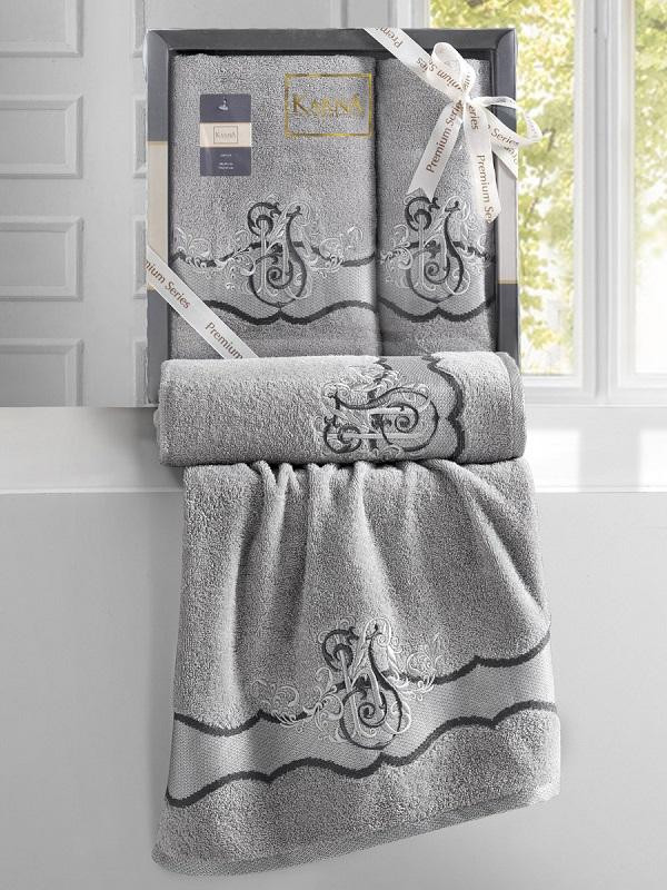 Комплект махровых полотенец с вышивкой KARNA ADVEN светло-серый 50х90 (1шт), 70х140 (1шт)