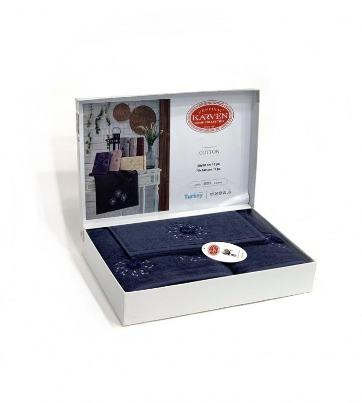 Набор полотенец махровых хлопковых в коробке KARVEN HS1677 KARDELEN V5 синий 30х50 (1шт), 50х90 (1шт), 70х140 (1шт)