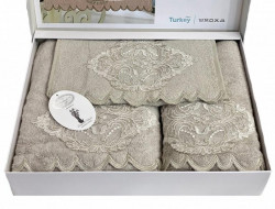 Набор полотенец махровых бамбуковых с гипюром в коробке KARVEN HS1717 DAMASK V1 бежевый 30х50 (1шт), 50х90 (1шт), 70х140 (1шт)