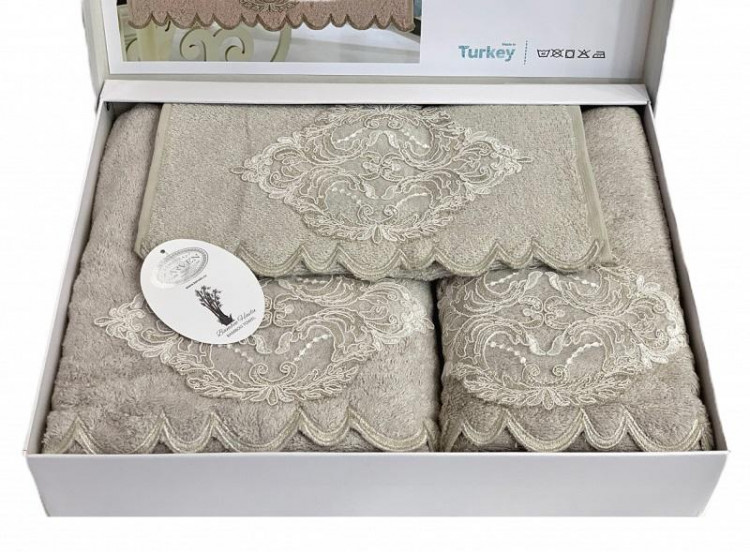 Набор полотенец махровых бамбуковых с гипюром в коробке KARVEN HS1717 DAMASK V1 бежевый 30х50 (1шт), 50х90 (1шт), 70х140 (1шт)