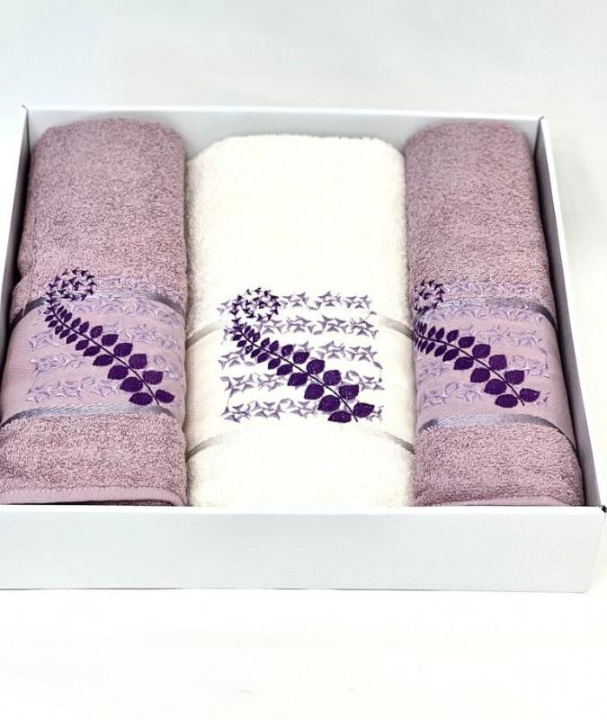 Набор полотенец махровых хлопковых KARVEN HS1623 KIVRIMLI YAPRAK V7 сиреневый 50х90 (2шт), 70х140 (1шт)