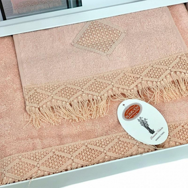 Набор полотенец махровых бамбуковых в коробке KARVEN HS1707 MAKRAME V5 пудра 30х50 (1шт), 50х90 (1шт), 70х140 (1шт)