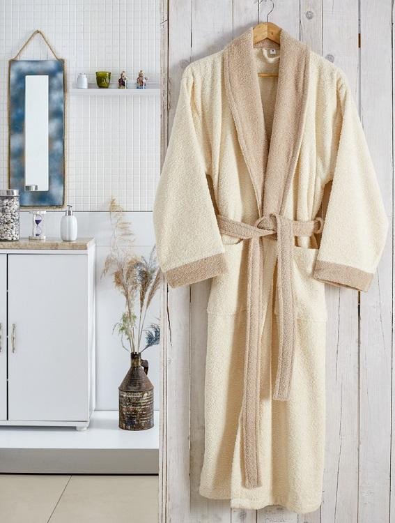 Халат женский махровый контрастный KARNA ADRA кремовый S/M