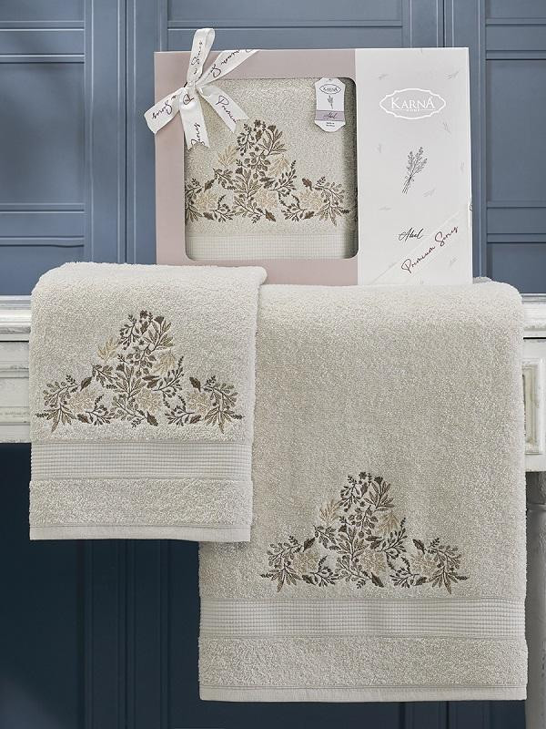 Комплект махровых полотенец с вышивкой KARNA ABEL бежевый 50х90 (1шт), 70х140 (1шт)