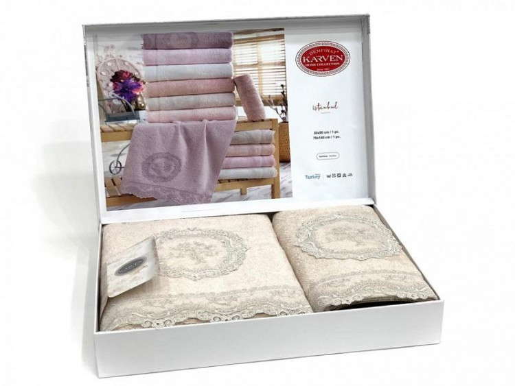 Набор полотенец махровых бамбуковых в коробке KARVEN HS1588 REINA бежевый 50х90 (1шт), 70х140 (1шт)