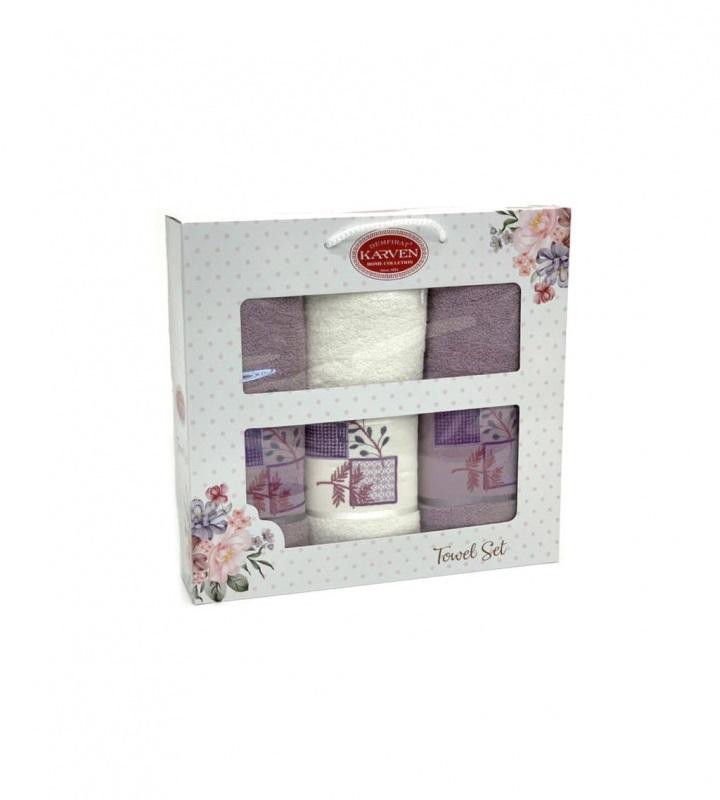 Набор полотенец махровых хлопковых KARVEN HS1635 KARELI CICEK V9 кремовый-сиреневый 50х90 (2шт), 70х140 (1шт)