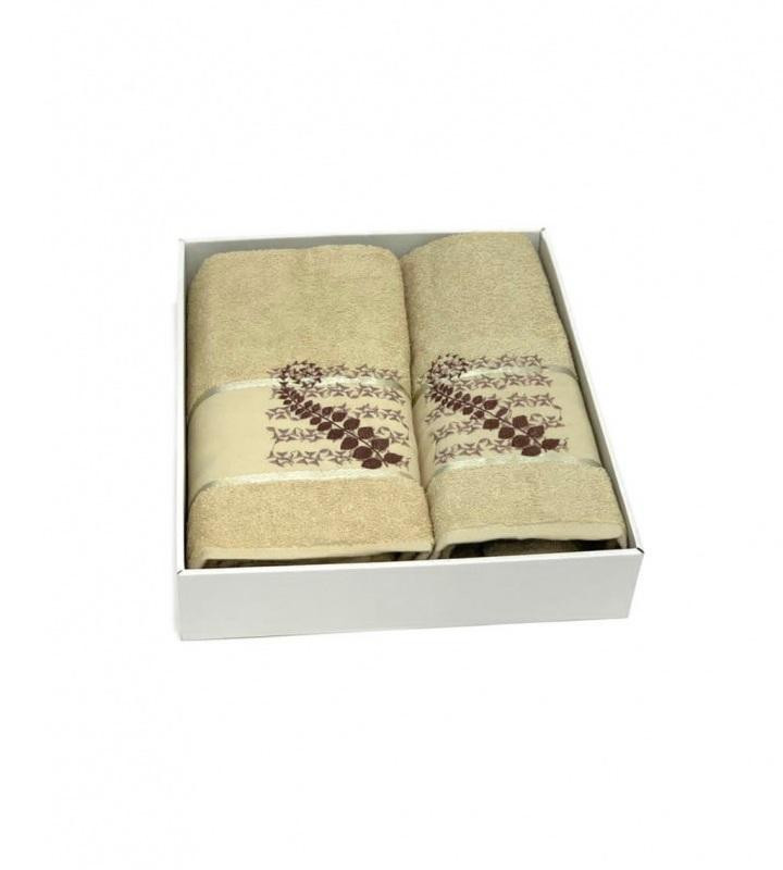 Набор полотенец махровых хлопковых KARVEN HS1622 KIVRIMLI YAPRAK V2 бежевый 50х90 (1шт), 70х140 (1шт)