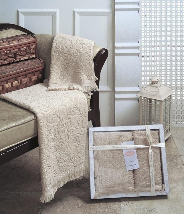 Набор жаккардовых полотенец KARNA ESRA бежевый 50х90 (1шт) и 70х140 (1шт)