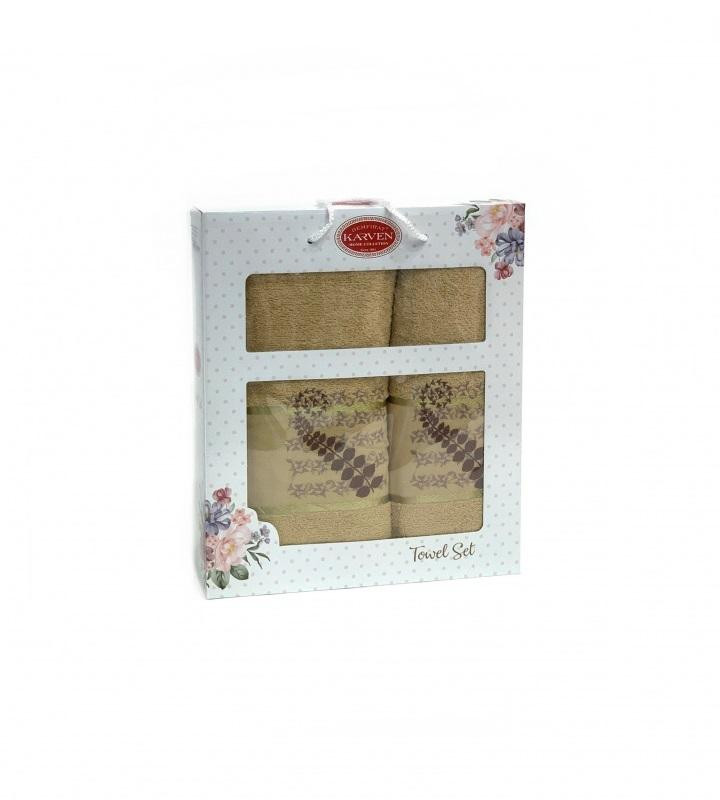 Набор полотенец махровых хлопковых KARVEN HS1622 KIVRIMLI YAPRAK V9 бежевый 50х90 (1шт), 70х140 (1шт)