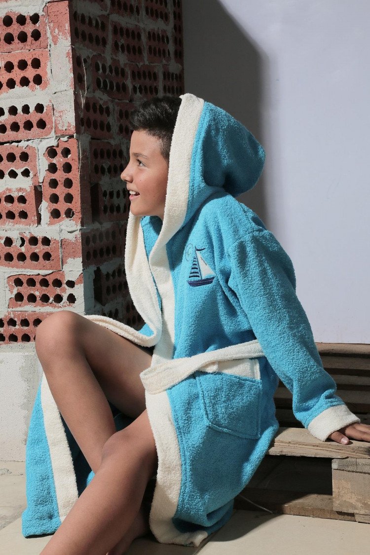 Халат детский с капюшоном KARNA SILVER бирюзовый 8-9 лет