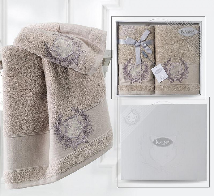 Комплект махровых полотенец с вышивкой KARNA DAVIS кофейный 50х90 (1шт) и 70х140 (1шт)