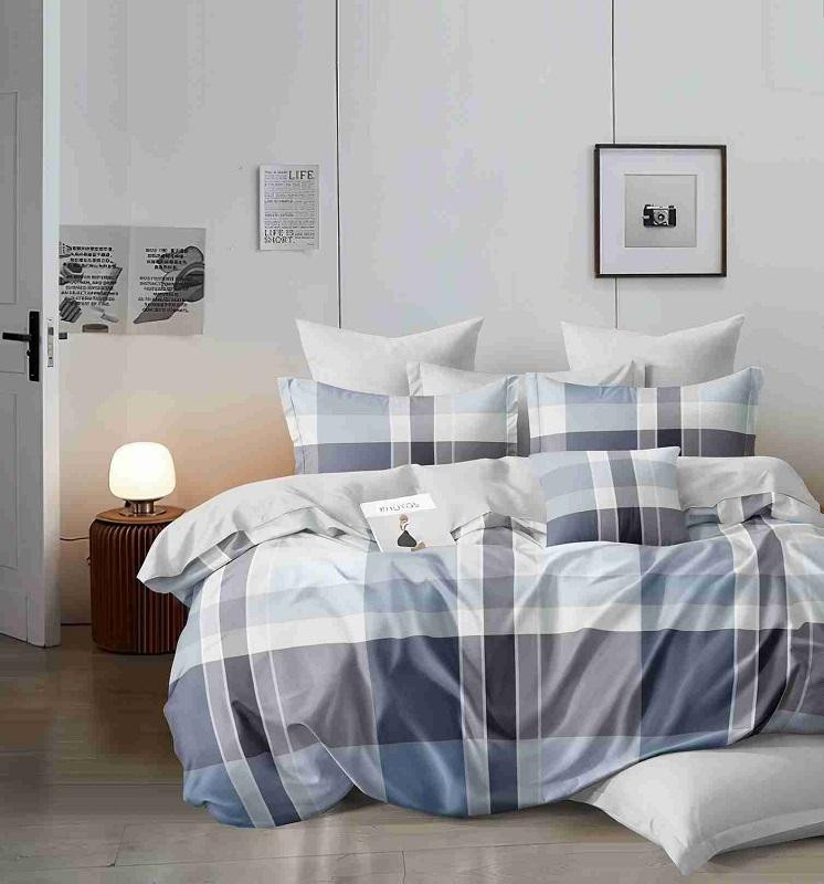 Постельное белье из сатина АЛЬВИТЕК клетка бежево-голубое 1,5-спальное