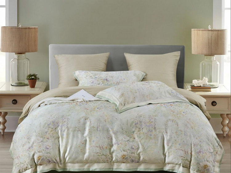 Постельное белье фланелевое из тенсела с простыней на резинке 180х200 ASABELLA Английский сад 50х70 (2шт), 70х70 (2шт) евро