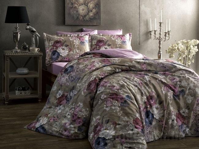 Постельное белье из сатина TAC DELUX PREMIUM DIGITAL JASMINE сиренево-серое 1,5-спальное