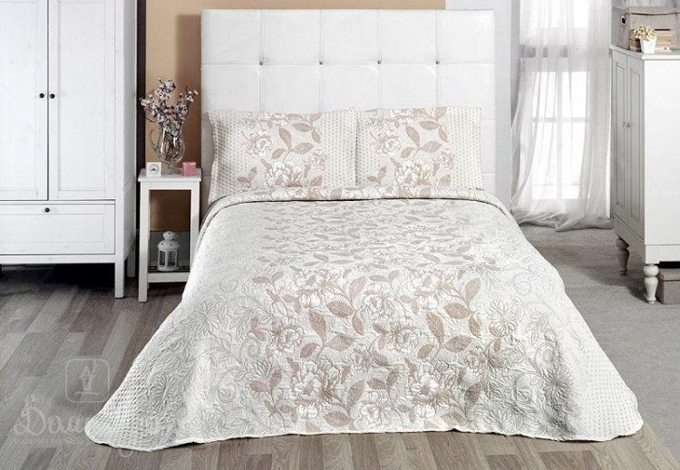 Покрывало тонкое жаккардовое пано с наволочками KARNA JARDIN бежевое 240х260Н