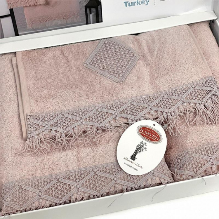 Набор полотенец махровых бамбуковых в коробке KARVEN HS1707 MAKRAME V3 лиловый 30х50 (1шт), 50х90 (1шт), 70х140 (1шт)