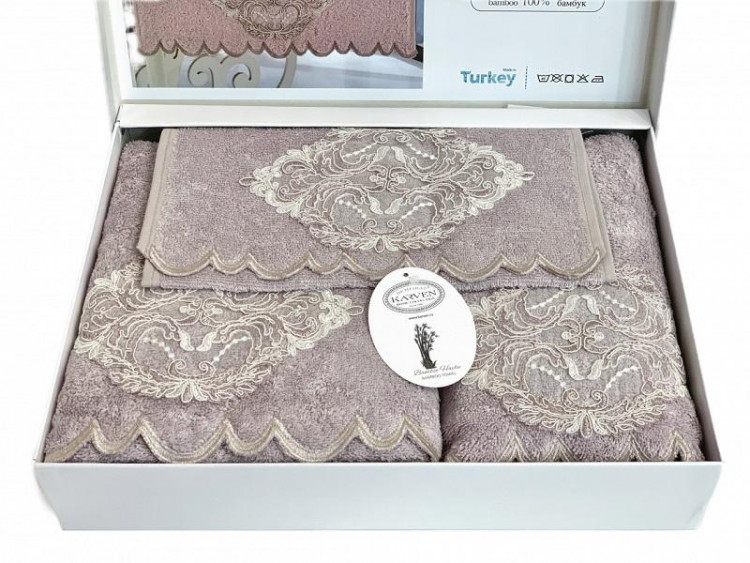 Набор полотенец махровых бамбуковых с гипюром в коробке KARVEN HS1717 DAMASK V4 лиловый 30х50 (1шт), 50х90 (1шт), 70х140 (1шт)