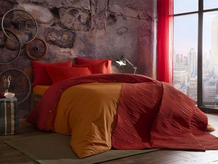 Постельное белье двухстороннее из ранфорса TAC COLORFUL V4 оранжевое-красное евро