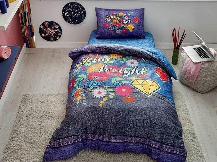 Подростковое постельное белье из ранфорса TAC GENC MODASI SHINE синее