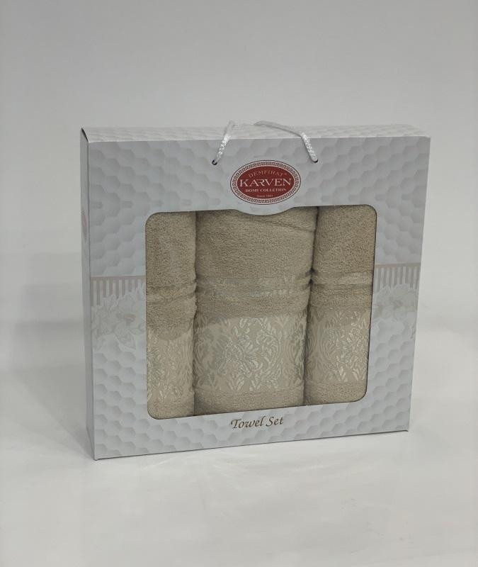 Набор полотенец махровых хлопковых KARVEN HS1698 PINK DAMAKS V1 бежевый 50х90 (2шт), 70х140 (1шт)