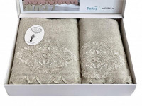 Набор полотенец махровых бамбуковых с гипюром в коробке KARVEN HS1716 DAMASK V1 бежевый 50х90 (1шт), 70х140 (1шт)
